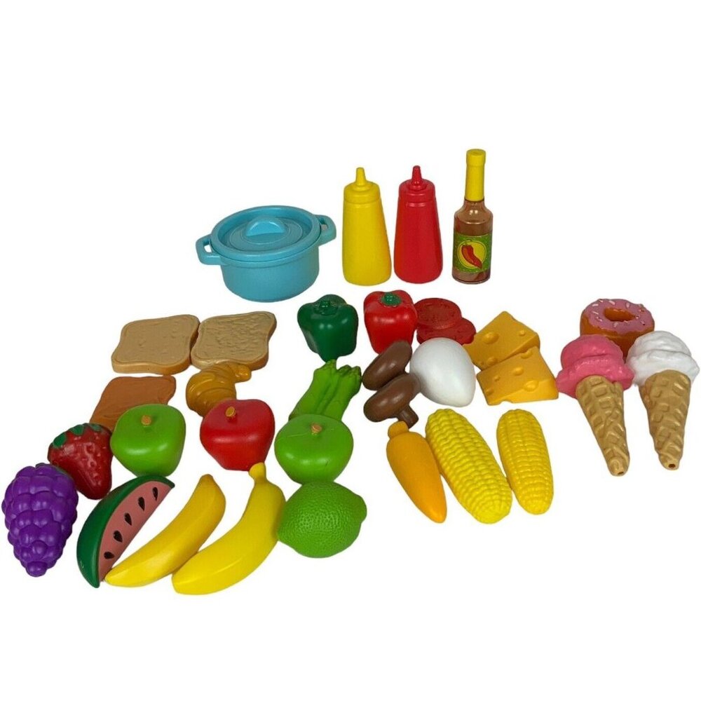 Plastic Play Food Set 35 Pieces Fruits Vegetables Cheese Bread Desserts Kitchen